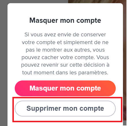 supprimer mon compte tinder option